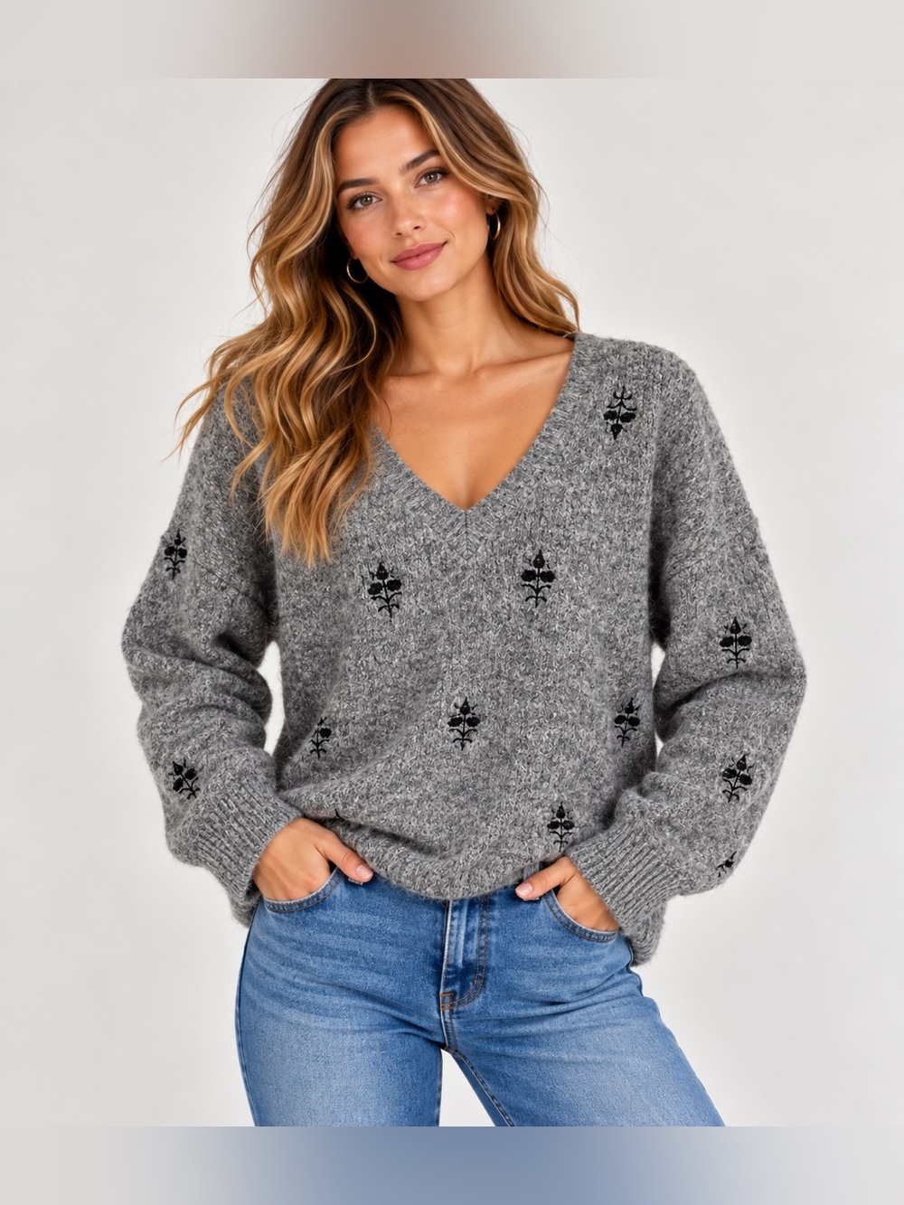 b.young embroidered Textured Sweater in Gray Size Medium NWT